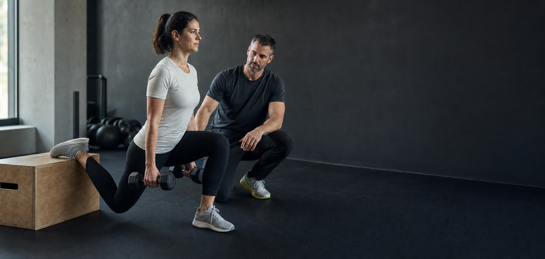 A trainer guiding a client through a split squat in a private studio